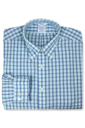 Brooks Brothers Mens Regular Fit Lightweight Cotton Four Stripe Plaid Button Down Shirt,, 218046 Teal / Navy, Large