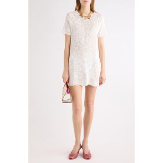 Chlo&eacute; Short Sleeve Floral Pointelle Stitch Cotton Minidress in White at Nordstrom, Size X-Large