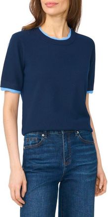 CeCe by Cynthia Steffe Lace Trim Short Sleeve Crewneck Sweater in Blue Midnight at Nordstrom, Size X-Small