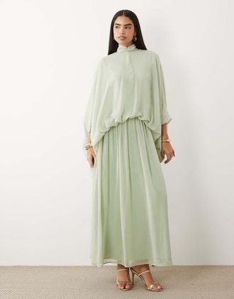 Daska Vestito lungo accollato sblusato in chiffon color salvia-Verde