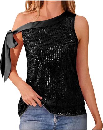 Generic Womens Sparkly Tops Elegant Off The Shoulder Sequin Shirt Dressy Casual Bow Tie Glitter T Shirts Sexy Party Clubwear Wedding Guest Blouse Christmas Co