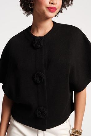 Frances Valentine Carnegie Shrug Solid w/Floral Button 100% Merino Wool in Black at Nordstrom, Size X-Small
