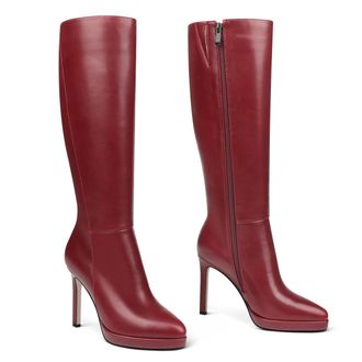 MERUMOTE Knee High Boots for Women Pointed Toe Platform Stiletto Heel High Heel Side Zipper, Matt Burgundy, 4.5 UK