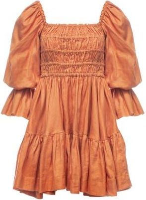 VASILIKI Amelia Ruched Mini Linen Dress in Rust Orange at Nordstrom, Size Medium