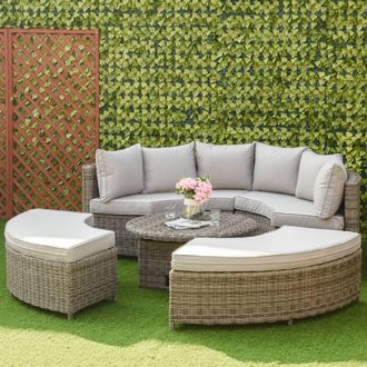 OUTSUNNY 5 PCs Outdoor Rattan Lounge Chair Round Daybed Table Conversation Set w/ Cushion in Grey