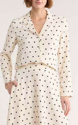 Melloday Long Sleeve Drawstring Hem Button-Up Shirt in Bone Black Dot at Nordstrom Rack, Size X-Large