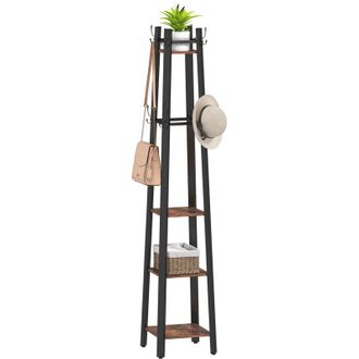 HOMCOM Homcom Perchero De Pie De 4 Niveles, Con 4 Estantes, 8 Ganchos, Estructura Met&aacute;lica, Para Colgar Ropa, En Pasillo, Sal&oacute;n, Dormitorio, Marr&oacute;n R&uacute;stico