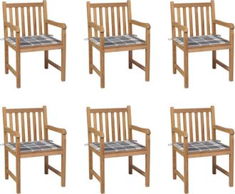 vidaXL Sillas De Jard&iacute;n 6 Uds Madera Maciza Teca Cojines Cuadros Gris Vidaxl