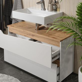 Vicco Mueble Bajo Lavabo Marelle, Blanco/roble Artesanal, 100 X 57.5 Cm Con 2 Cajones, Vicco