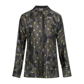 Ganni Shirts, female, Gray, Size: 2XS Silk Shirt with Waist Ties