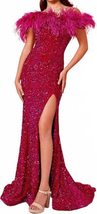 Rachel Allan Feathered Off Shoulder Prom Gown In Fuchsia