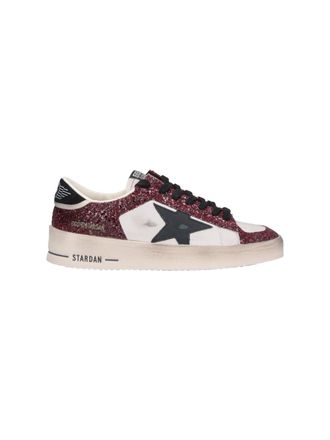 Golden Goose Low-Top Sneakers with Burgundy Glitter Overlays