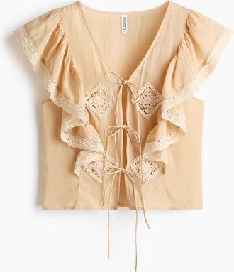 H&M Lace-trimmed Flounced Blouse in Light Beige at Nordstrom, Size X-Small