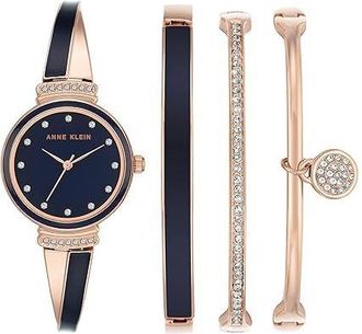 Anne Klein Rose Gold-Tone Navy Blue X-Shaped Bangle Set Ladies Watch