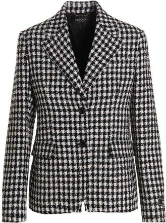 Versace BlackWhite Single Breast Tweed Wool Blazer