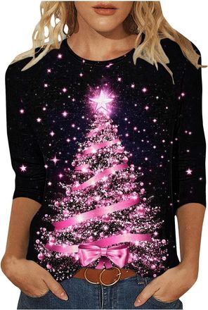 Generic Women 3/4 Sleeve Plus Size T-Shirts Christmas Tree Print Tee Shirts Ugly Xmas Pattern Pullover Graphic Crewneck Tshirts Ladies Longline Tops Holiday P