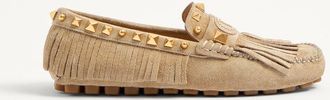 Valentino Garavani Plaster Caster Driver Loafer In Crust Leather With Fringes Woman DESERT SAND 35.5