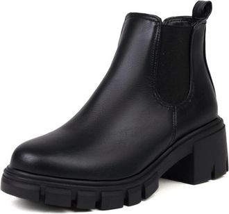 Generic Womens Chelsea Ankle Boots Smooth PU Leather Round Toe Chunky Lug Sole Elastic Side Pull Tab Slip On Durable Stylish Comfortable Design,Black,5.5 UK