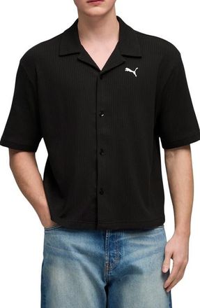 Puma Wardrobe Essentials Waffle Knit Boxy Button-Up Shirt in Puma Black at Nordstrom, Size Xx-Large