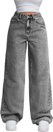 Generic Wide Leg Jeans for Women Fall Casual Stretch High Waisted Jeans Baggy Straight Leg Denim Pants Boyfriends Trousers with Pockets Streetwear Fashion Out