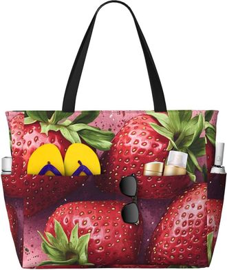 Generic Pink Strawberry Print Large Beach Bag Foldable Travel Shoulder Tote Bag With Pocket For Weekender Pool Vacation