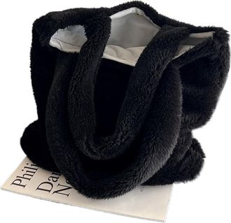 Generic Womens Plush Bags Womens Plush Underarm Bag Shoulder Solid Color Soft Fluffy Shopper Bags Large Capacity Casual Tote(Black)