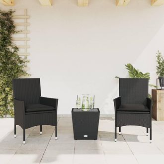 vidaXL Mesita Y Sillas Con Cojines 3 Pzas Rat&aacute;n Sint&eacute;tico Vidrio Negro Vidaxl