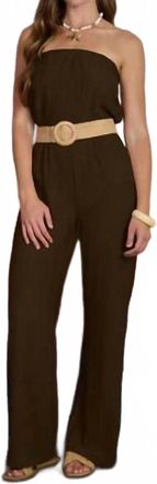 Blu Pepper Textured Strapless Belted Wide Leg Jumpsuit In Brown