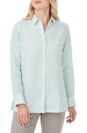 Foxcroft Jordan Stripe Linen Button-Up Shirt in Sea Mist at Nordstrom Rack, Size 14
