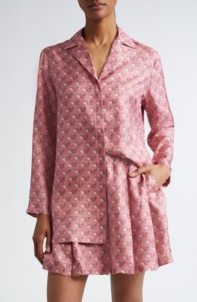 Max Mara Alpe Kitty Print Silk Twill Button-Up Shirt in Peony at Nordstrom, Size 14