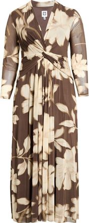 Anne Klein Floral Print Twist Front Long Sleeve Maxi Dress in Molasses Multi at Nordstrom, Size 1X