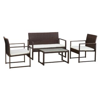 Happy Garden Conjunto de jard&iacute;n 4 plazas resina trenzada marr&oacute;n cojines beige