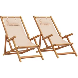 vidaXL Sillas De Playa Plegables 2 Unidades Tela Y Madera Maciza Beige Vidaxl