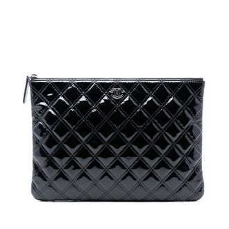 Chanel Pre-owned Womens Medium Quilted Patent Double Stitch O Case Clutch - Black Leather - One Size