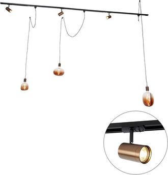 QAZQA Qazqa - Moderno Sistema De Riel Monof&aacute;sico Con 3 Focos Y L&aacute;mparas Colgantes Bronce Oscuro - Cavalux Jeana Acero Alargada Adecuado Para Led Max. 3 X 15