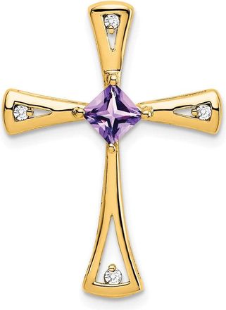 Diamond2Deal 14k Yellow Gold 4mm Square Amethyst and Diamond Cross Chain Slide