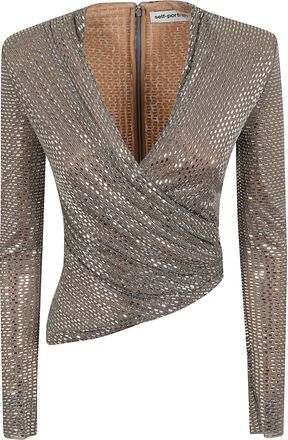 Self Portrait Charcoal Grey Rhinestone Mesh Wrap Top