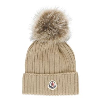 Moncler Meisjesmuts met logopatch - Dames - Hoeden - Beige - L - Wol - Accessoires
