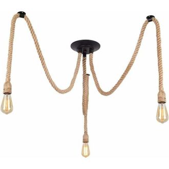 OEM L&aacute;mpara Colgante Vintage, L&aacute;mpara Colgante Industrial Con 3 Casquillos E27, L&aacute;mpara De Ara&ntilde;a Ajustable Con Cuerda De C&aacute;&ntilde;amo Para Comedor, Sala De Esta