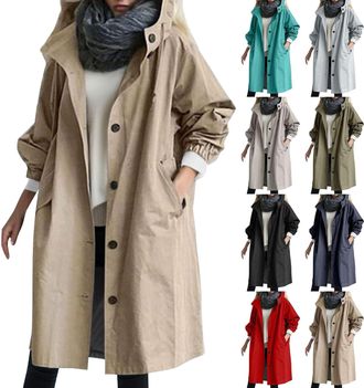 Generic Trench Coats for Women Lightweight Hooded Solid Long Sleeve Jacket Windproof Button Coats with Pocket Outdoor Windbreaker Jackets Hiking Walking Cycli