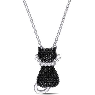 Amour Black Spinel and Created White Sapphire Kitty Cat Pendant with Chain In Sterling Silver with Black Rhodium