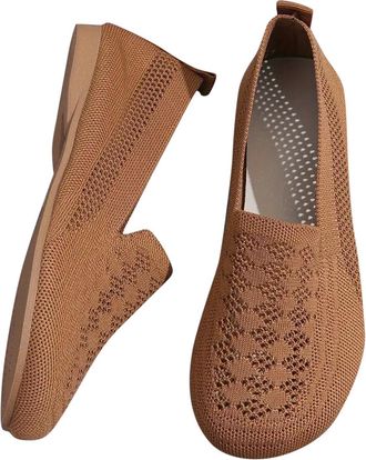 Generic Womens Slip On Shoes Wide Width Knitted Walking Shoe Round Toe Versatile Breathable Lightweight Comfy Classic Flat Shoes Sports Gym Brown