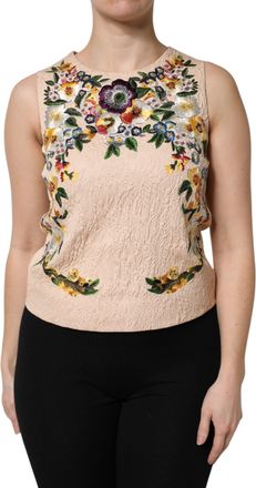 Dolce & Gabbana Womens Floral Embroidered Sleeveless Top - Nude Cotton - Size EU 40 (Womens)