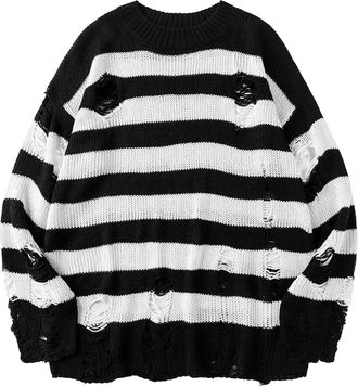 Generic Mens Gothic Striped Sweater Oversized Knit Pullover Punk Ripped Hole Grunge Y2K Long Sleeve Fashion Tops Sweatershirts White