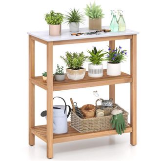 Costway Patio Garden Potting Bench Table 3-Tier Wood Planting Workstation