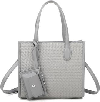 Generic Womens Tote Bag, Textured Weave Pattern, Shoulder Bag with Crossbody Strap, Small Pouch Attachment (Grey)