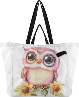 Generic Pink Owl Sunflowers print Reusable Canvas Tote Bag, Heavy Duty Grocery Shopping Bag with Hard Bottom Large Capacity Double Handles Work Groceries Trav