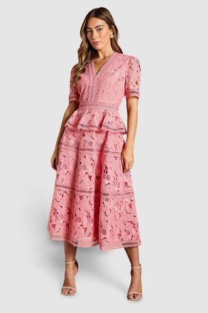 Coast V Neck Tiered Lace Midi Dress in Coral at Nordstrom, Size 10