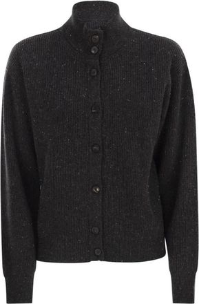 PESERICO Geribbelde Cardigan met Opstaande Kraag en Knopen - Dames - Vesten - Grijs - XL - Wol - Truien & Vesten