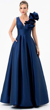 Bariano Mirella V Neck Ruffle Gown in Navy at Nordstrom, Size 4